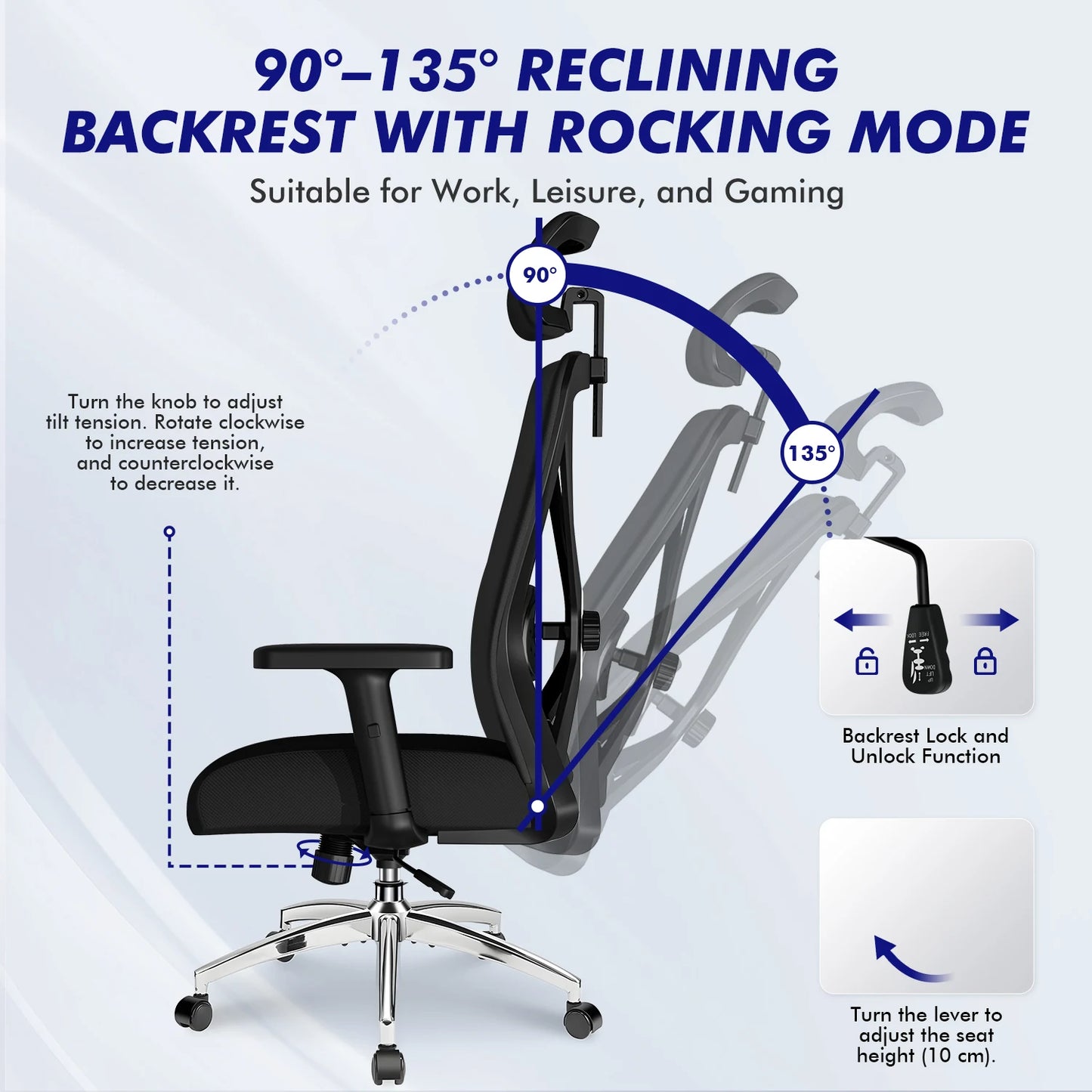 AUTHMIC Ergonomischer Bürostuhl, verstellbare Netzrückenlehne, Lordosenstütze, drehbarer Computer-Schreibtischstuhl für Zuhause, Büro, Arbeit, Gaming