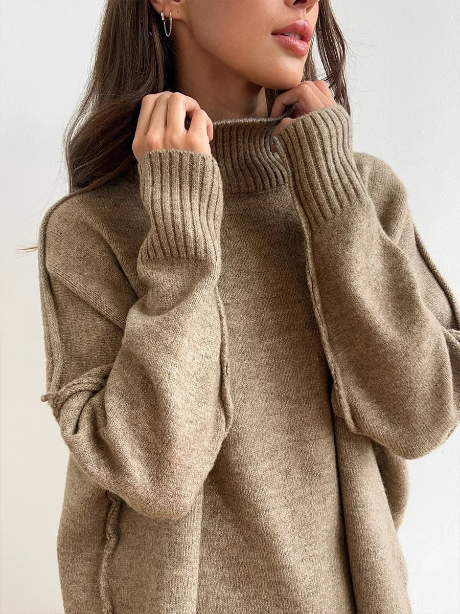 2025 Turtleneck Sweater Set Women's European, American Autumn and Winter New Loose Casual Lazy Thickened Knitted Trousers Set.