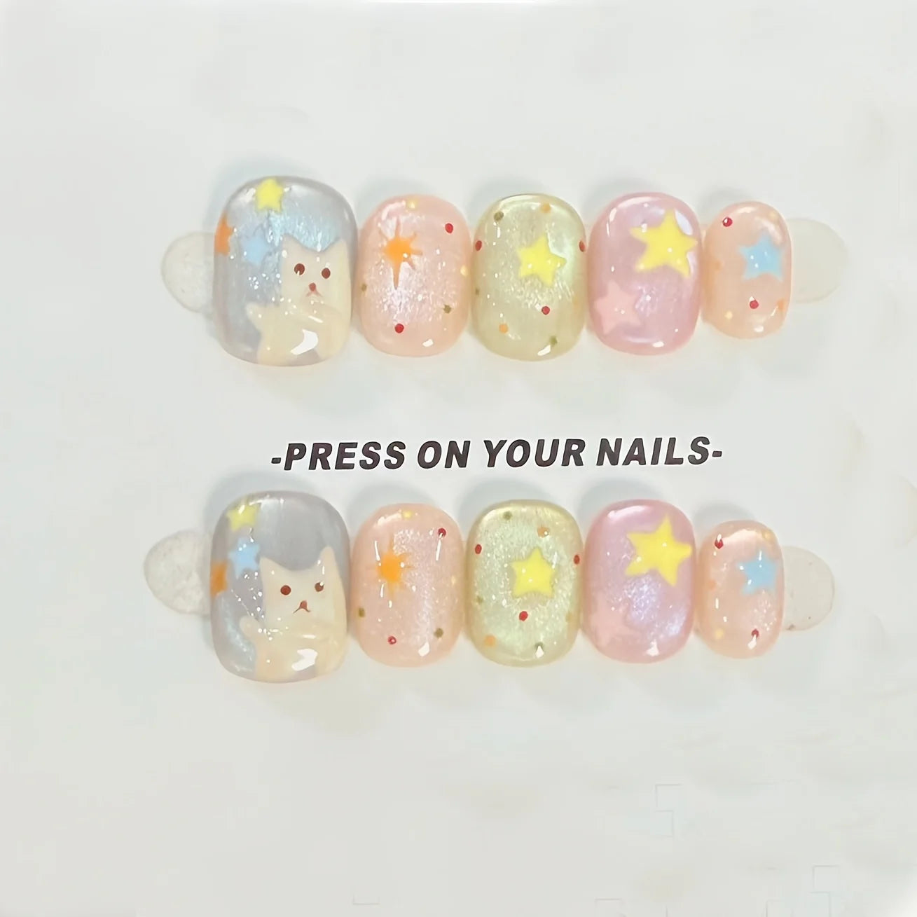 10pcs Short Oval Shaped Press-On Nails - Color Block Stripes & Star Designs Glossy Mix-and-Match False Nails for Women and Girls.