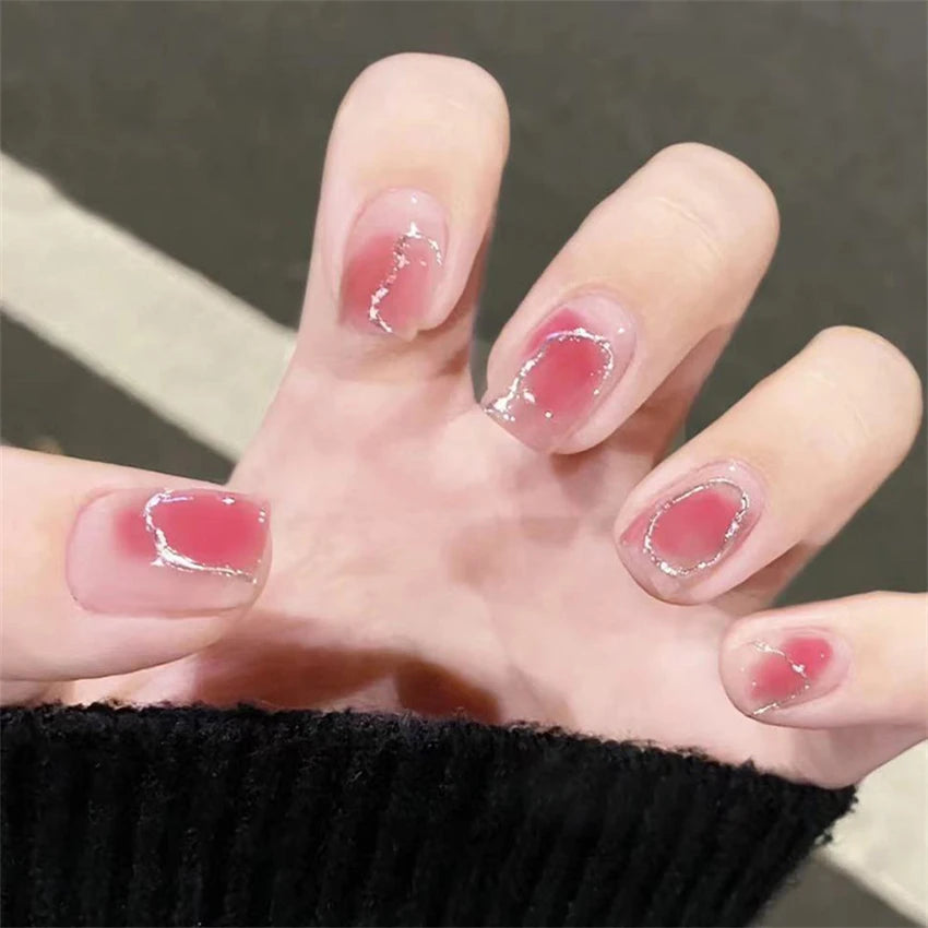 24Pcs/Set White Peach Oolong Gentle French Press on Nail Blush Halo Short Frosted Wearing False Nails Removable Fake Nail Art.