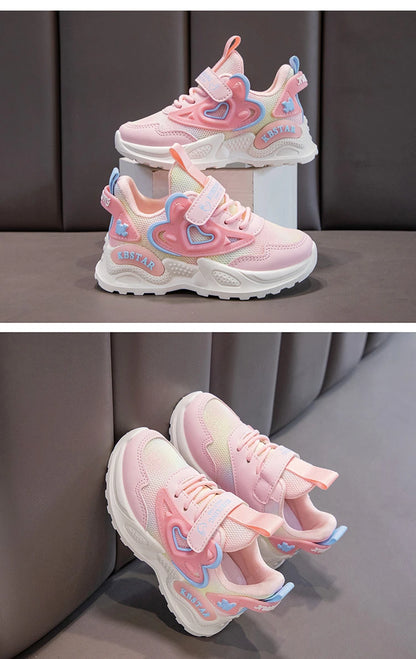 Girls Sports Shoes Kids Running Shoes Pink Breathable Air Mesh Heart Sweet Sneakers Cute Hook & Loop Children's Casual  Shoes.