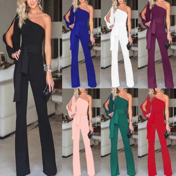 Temperament Solid Color Slim Jumpsuits Women Sexy Off Shoulder Slant Collar High Waist Leace-up Bodycon Jumpsuit Streetwear 2024.