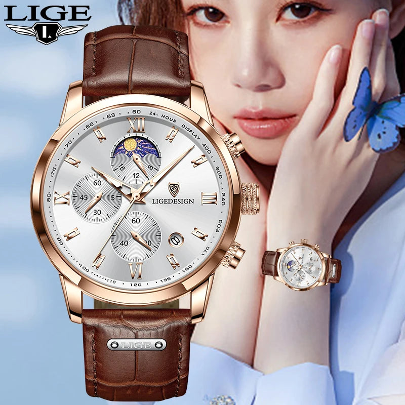 LIGE Luxury Fashion Women Watch Leather Strap Waterproof Casual Sport Quartz Wristwatch 24 hour Moon Phase Clock Watch for Women.