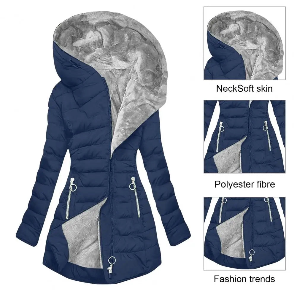 Verdickte Damen-Winterjacke, gepolstertes Plüschfutter, gepolsterter Reißverschluss, mittellange Kapuzenoberbekleidung, warmer Daunenmantel.