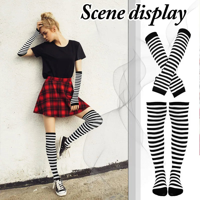 2Pair/Set Women Gothic Punk Over Knee Long Stripe Socks Girl Arm Sleeve Gloves Thigh High Cotton Socks Sweet Cute Soks Hosiery.