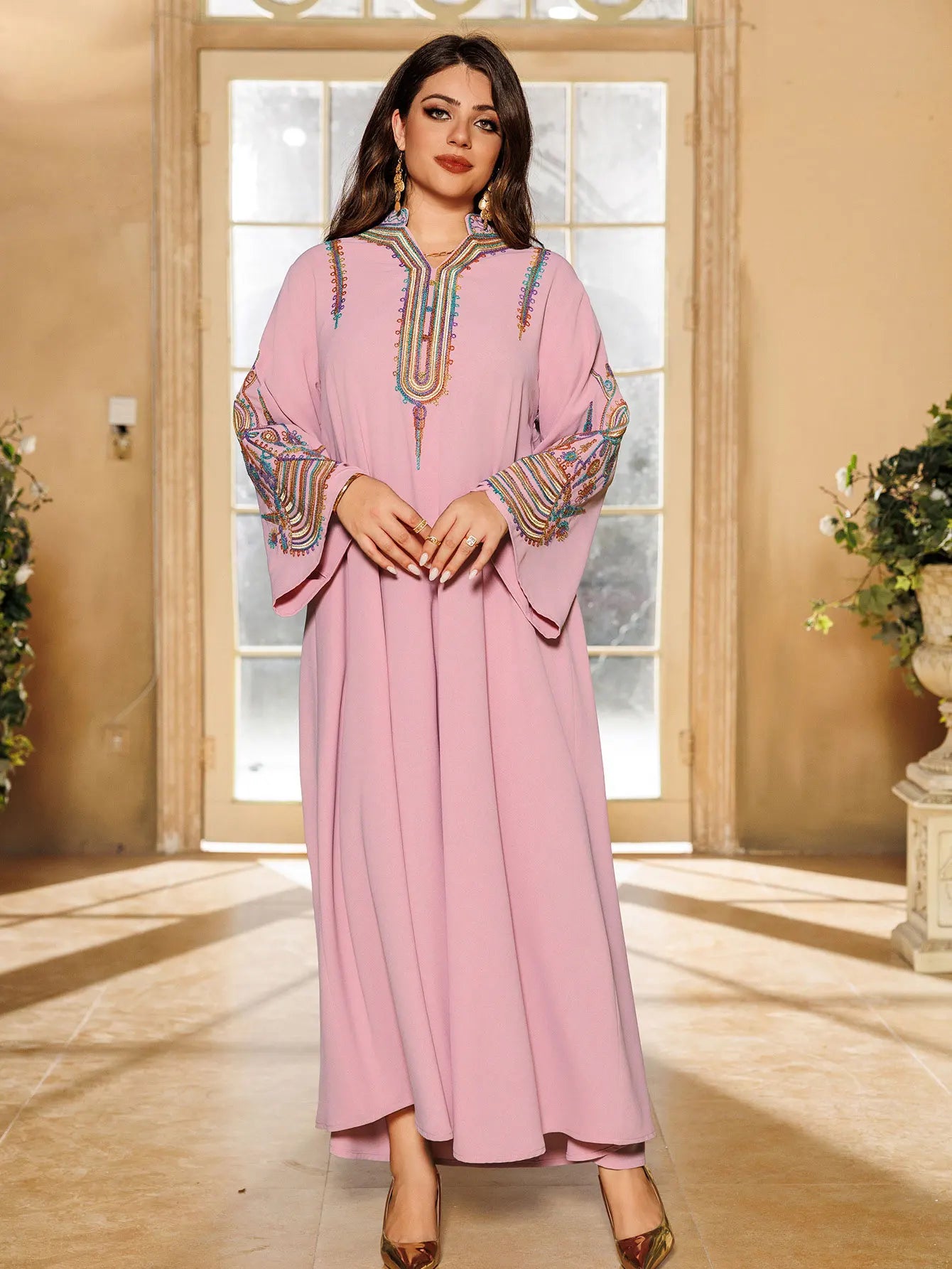 2025 Dubai New Inspired Pink Muslim Abaya Colorful Embroidery on Neckline & Sleeves Perfect for Middle Eastern Cultural Events.