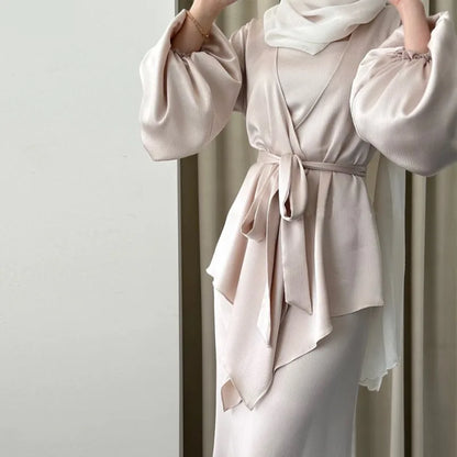 2-teiliges Saudi-Arabien muslimisches Damen-Abaya-Kleid aus Satin für Damen, Islam, Dubai, Urlaub, bescheidene Kleidung, 2024, elegante türkische Robe.