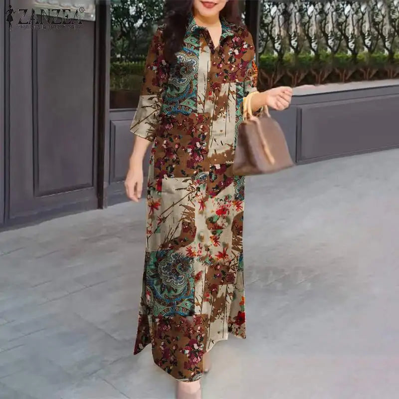 ZANZEA Women 3/4 Sleeve Long Dresses Fall 2024 Fashion Lapel Neck Cotton Shirtdress Vintage Floral Print Maxi Shirt Dress New In.
