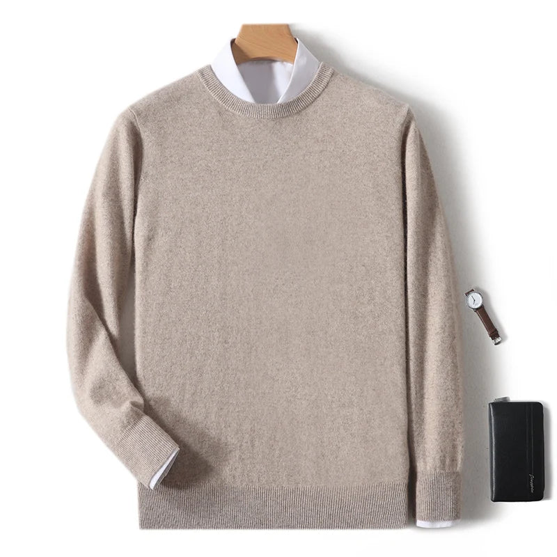 2025 100% Pure Merino Wool Men's Round Neck Pullover Solid Color Plus Size Casual Sweater Autumn And Winter Sports Cashmere Top.