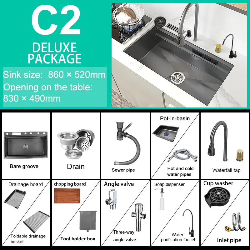 New Stainless Steel Kitchen Sink with Waterfall  Large Single Slot Various Multifunctional Sinks Dish and Vegetable Wash Basin