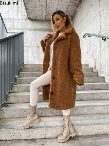 2025 frauen Winter Faux Wolle Mischungen Warme Mantel Einreiher Oberbekleidung Teddy Plüsch Mäntel Weibliche Chic Streetwear Mäntel 5XL.