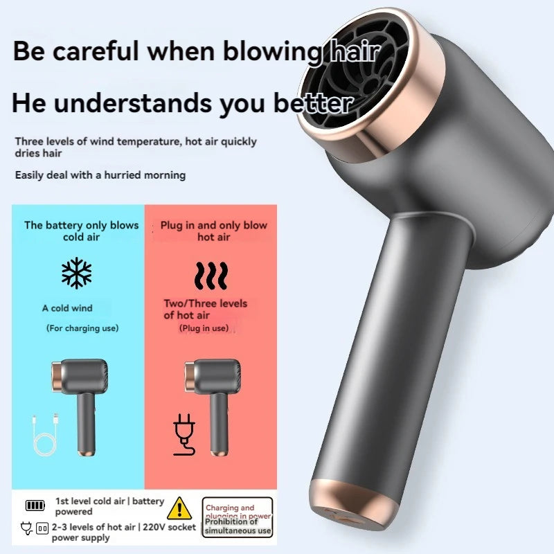 Wireless charging hair dryer for household use, high-speed negative ion hair dryer, high-power bladeless hair care, quick drying.