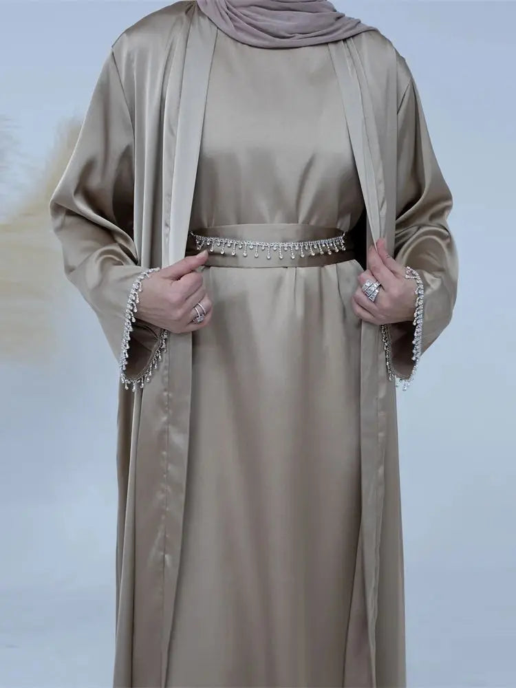 Ramadan Kebaya Chain Satin Kimono 2 Piece Abaya Set Turkey Islam Dress Muslim Sets Abayas For Women Robe Femme Musulmane Kaftan