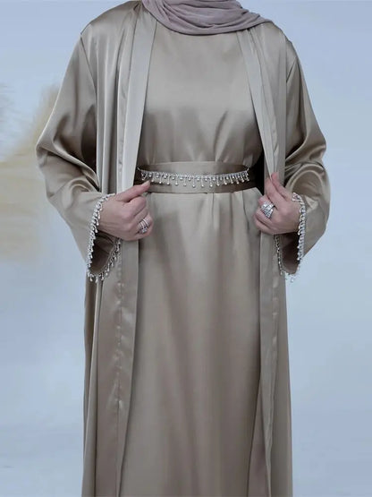 Ramadan Kebaya Chain Satin Kimono 2 Piece Abaya Set Turkey Islam Dress Muslim Sets Abayas For Women Robe Femme Musulmane Kaftan