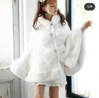 Japanische Liz Süße Prinzessin Faux Kaninchen Fell Cape Mantel Frauen Herbst Winter Pelz Jacke Lose Uhr Strass Bogen Mit Kapuze Mantel