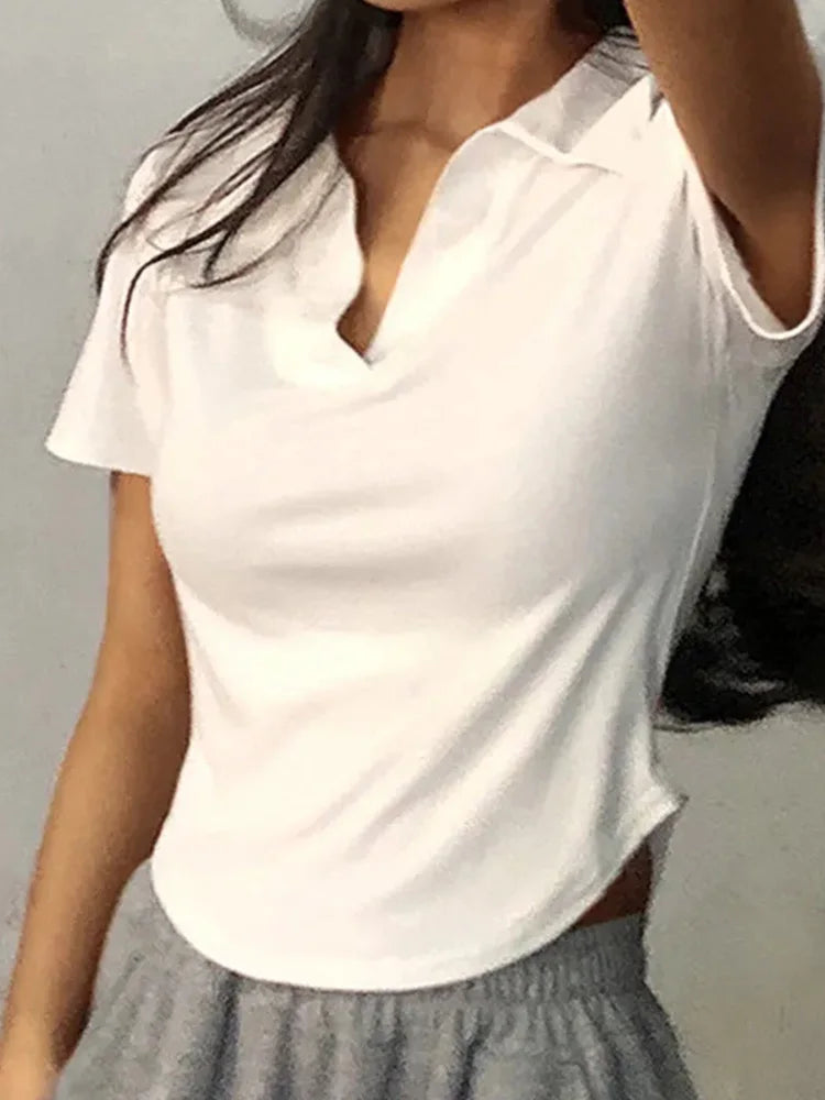 Summer Short Sleeve Lapel Top Women'S Solid V-Neck Pullovers Retro Sweet Shirts Hot Girl Crop Top Female Slim Versatile Tee.