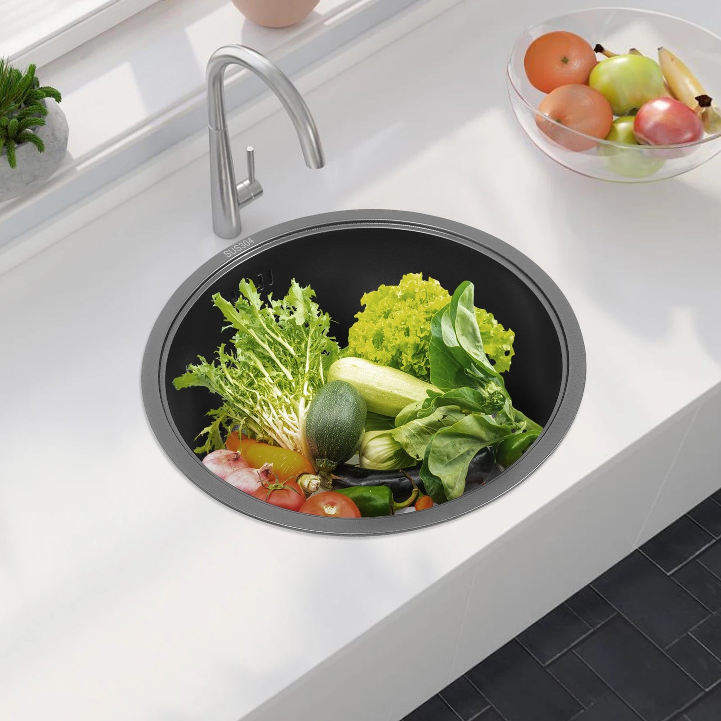 Rundes Küchenspüle aus Edelstahl 304, hitzebeständiges Küchenspüle, Einzelbecken, schnelle Entwässerung zum Geschirrspülen von Gemüse