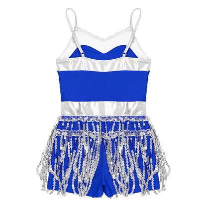Kinder Mädchen Latin Tanz Kostüm Jazz Samba Cha-Cha Eiskunstlauf Trikot Kleid glänzende Pailletten Quaste Bodysuit für Bühnen performance.