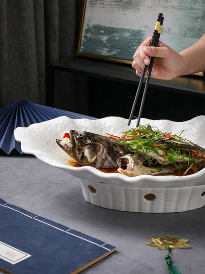 Large Irregular Fish Plate Household Cauldron Bowl Heating and Insulation Plate Ceramic Hotel Tableware Soup Plate.