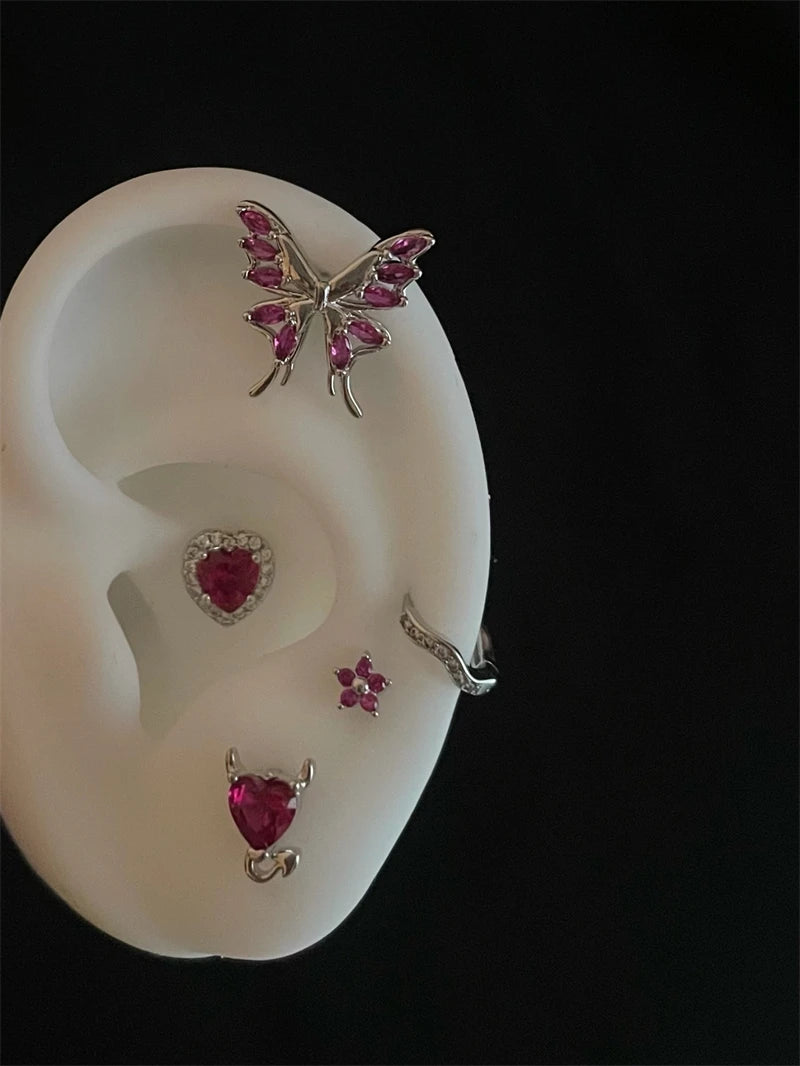 New Trendy Shiny Rose Red Color Zircon 316L Stainless Steel Ear Bone Nail Y2K Gothic Love Heart Small Earrings for Women Jewelry.