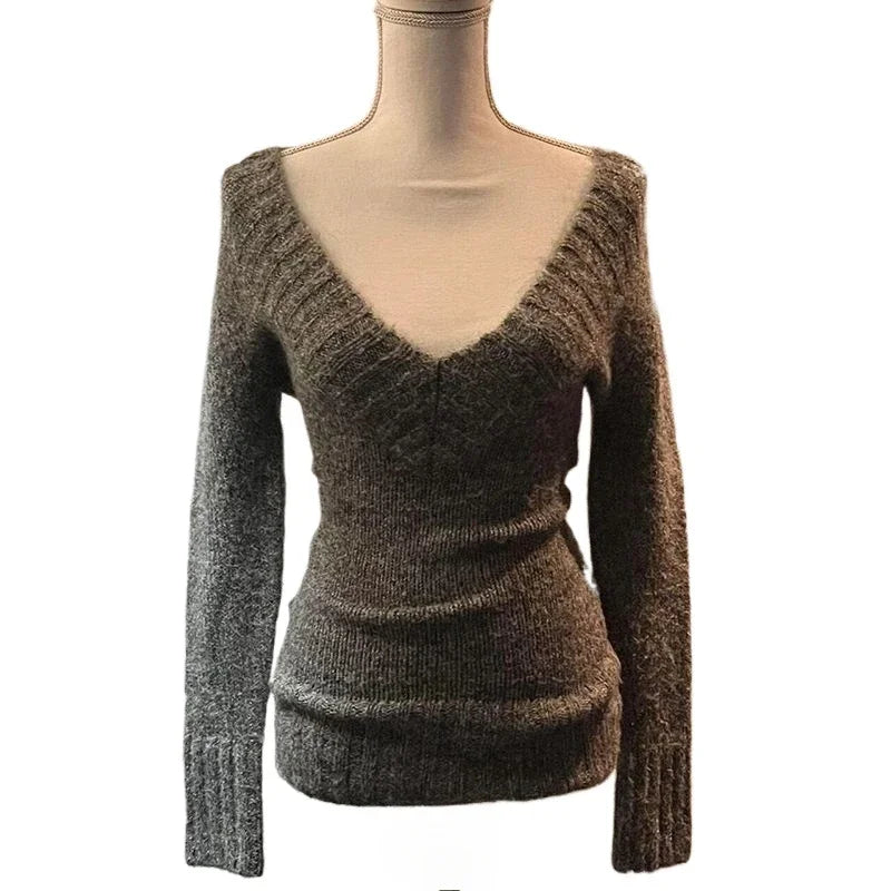 Deeptown Sexy Gestrickte Pullover Frauen V-ausschnitt Vintage Frühen Y2k Grunge Pullover Mujer Herbst Mode Langarm Pullover Schlank.