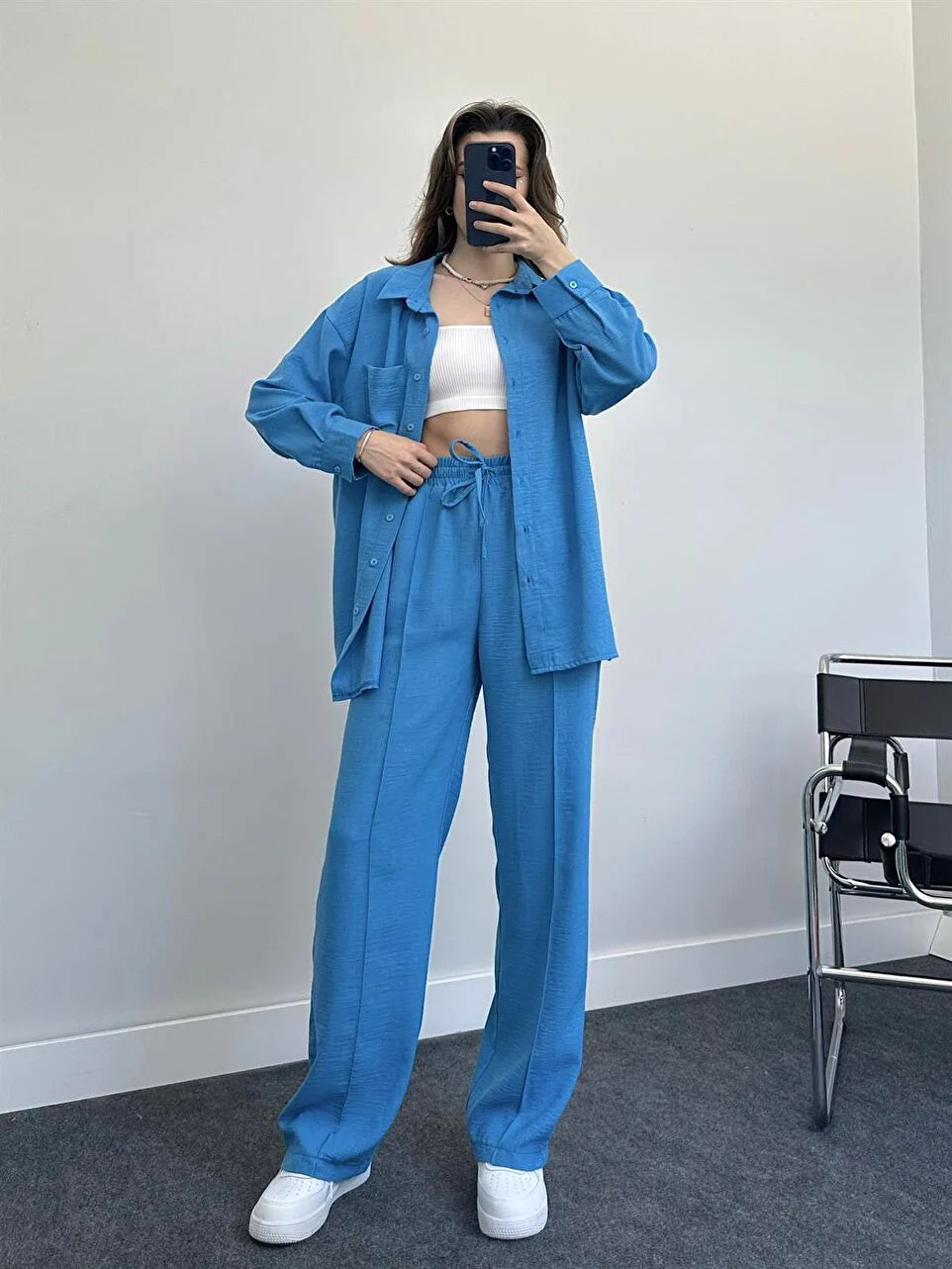 New Autumn Red Women Casual Two-piece Set, Features A Thin Long-sleeved Lapel Shirt Paired with Matching Drawstring Trousers..