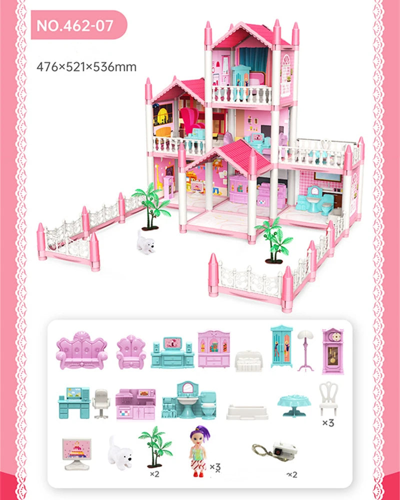 Girls Toddler Doll House - Large Doll House with 4 Dolls, Furniture, Accessories, LED Lights, 4 Stories Princess Dream House Toy.