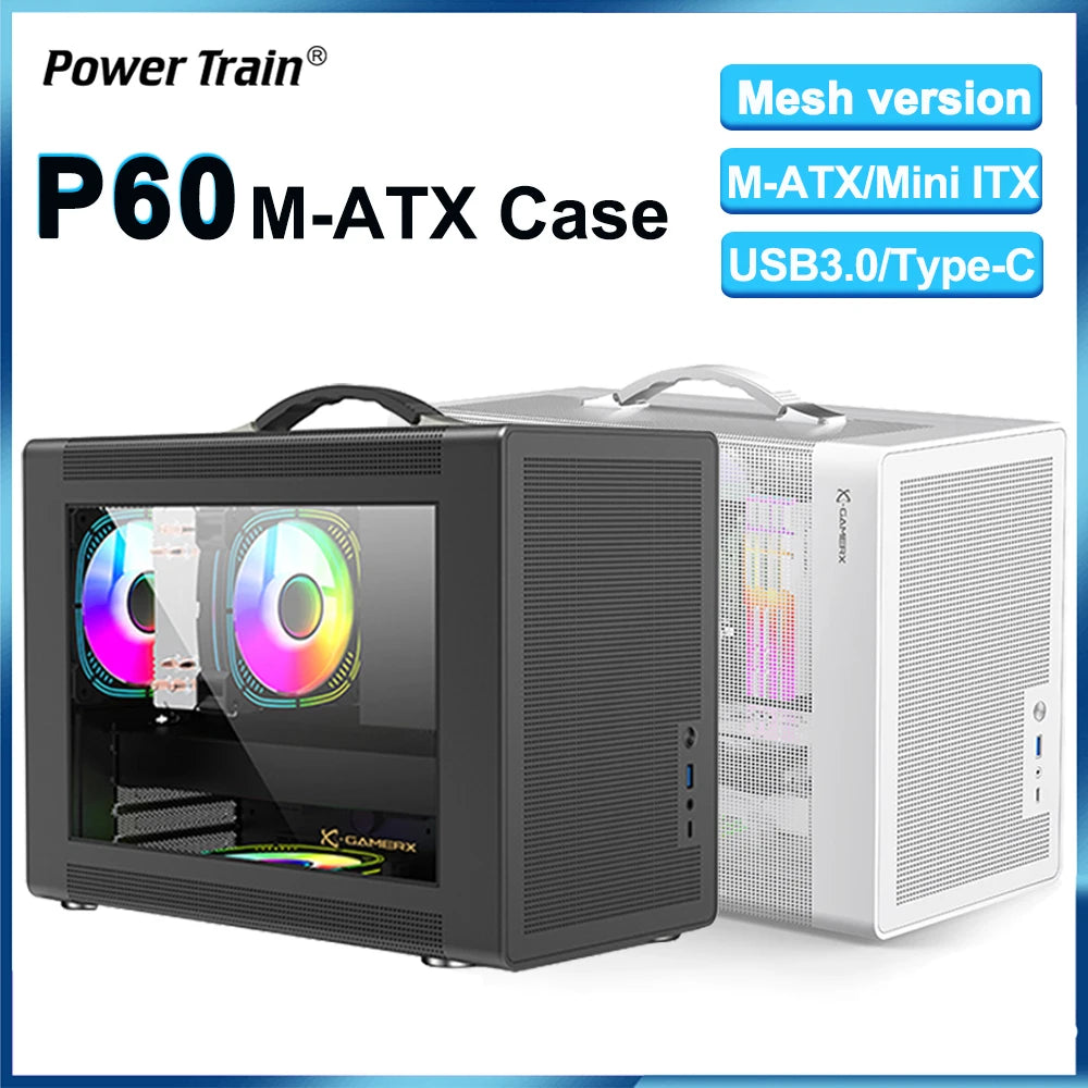 Power Train P60 Desktop MATX Case Handheld Portable Mesh Version PC Small Chassis Supports 350mm Graphics Card Type-C Interface.