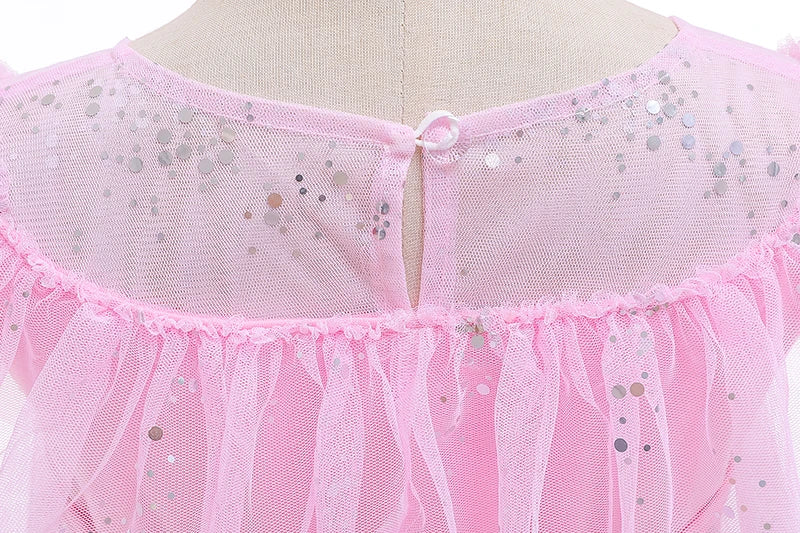 Mädchen rosa Pailletten Mesh Prinzessin Kleid, Mesh kurze Ärmel, mit Umhang, geeignet für Party, Tanz, Performance, Karnevals kleid.