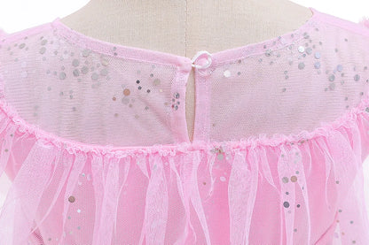 Mädchen rosa Pailletten Mesh Prinzessin Kleid, Mesh kurze Ärmel, mit Umhang, geeignet für Party, Tanz, Performance, Karnevals kleid.