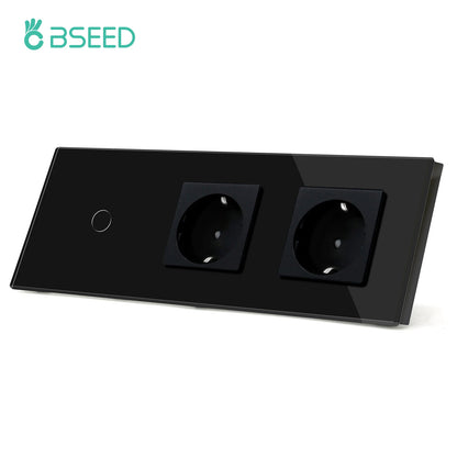 BSEED 1/2/3Gang Touch-Schalter 1-Wege-Lichtschalter mit EU-Steckdosen USB Typ-C-Steckdosen Glasscheibe Schwarz