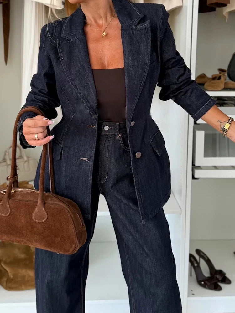 Women's Denim Style Long Sleeve Coat And Straight Pants Two-Piece Sets Autumn Winter Chic Outfit Turn-Down Collar Ladies Suits.