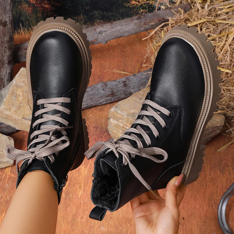Autumn Winter Short Plush Ankle Boots Women Fashion Lace Up Pu Leather Platform Boots Woman Thick Sole Motorcycle Botas Mujer 42.