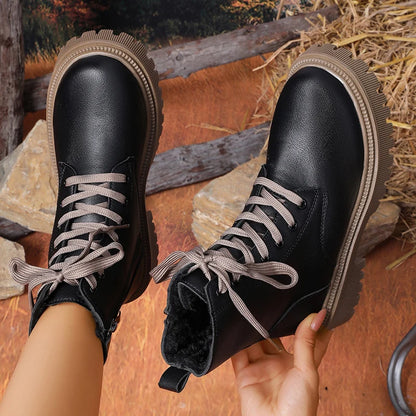 Autumn Winter Short Plush Ankle Boots Women Fashion Lace Up Pu Leather Platform Boots Woman Thick Sole Motorcycle Botas Mujer 42.