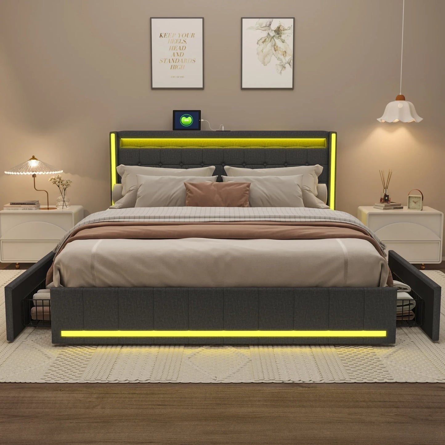 Lazyspace Leinen-Polsterbett mit 4 Schubladen, moderner Doppelbettrahmen mit LED-Beleuchtung und USB-Ladeanschluss, funktionelles Bett
