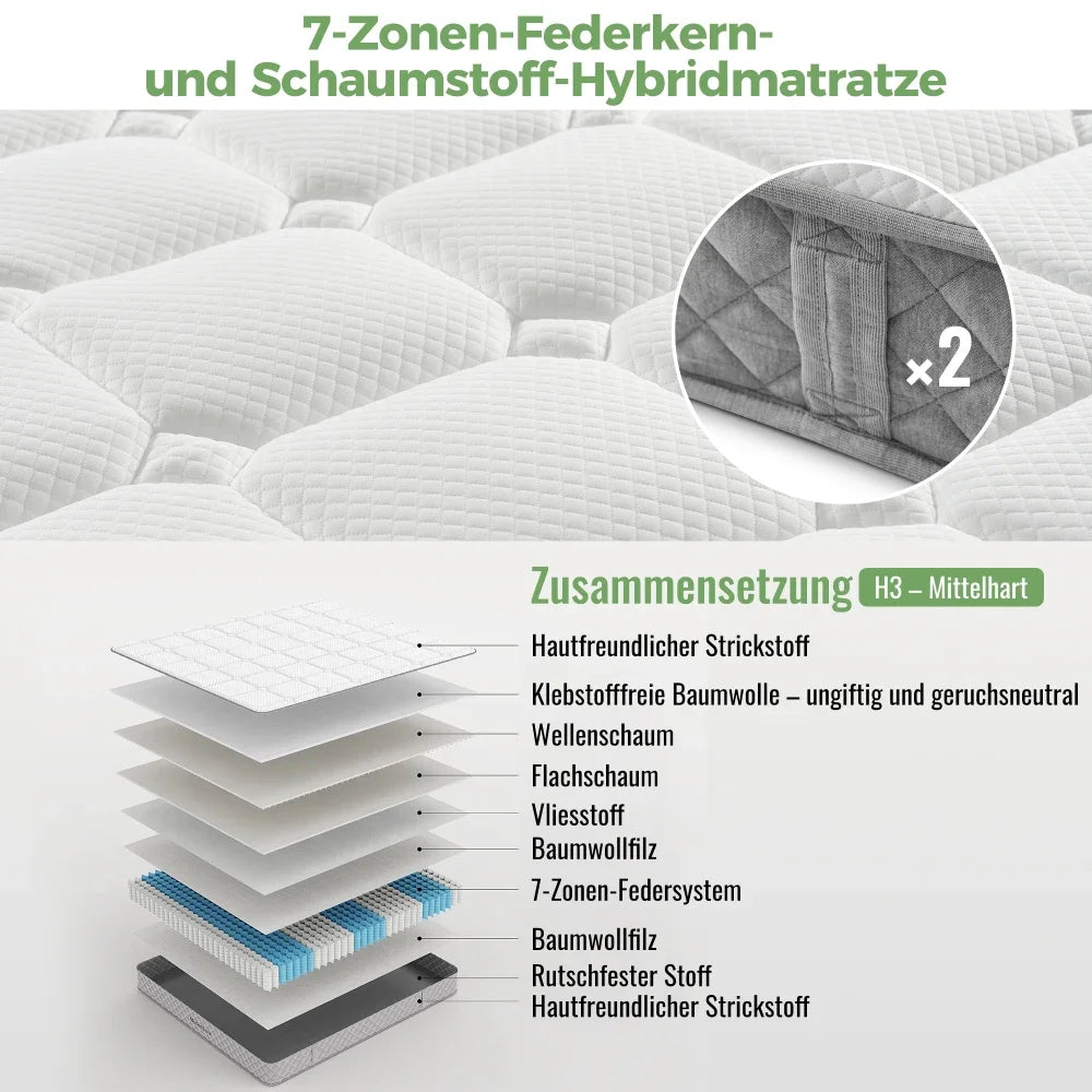 Orthopädische Kaltschaummatratze 90 x 200 cm, Matratze mit 7-Zonen-Taschenfederkernen, mittelfest – OEKO-TEX ®    Zertifiziert