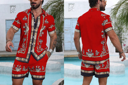 Baroque Luxury Printed Men's Shirt Shorts 2 Piece Set Summer Casual Shirt Hawaiian Beach Short-sleeved Men's Suits Clothing.