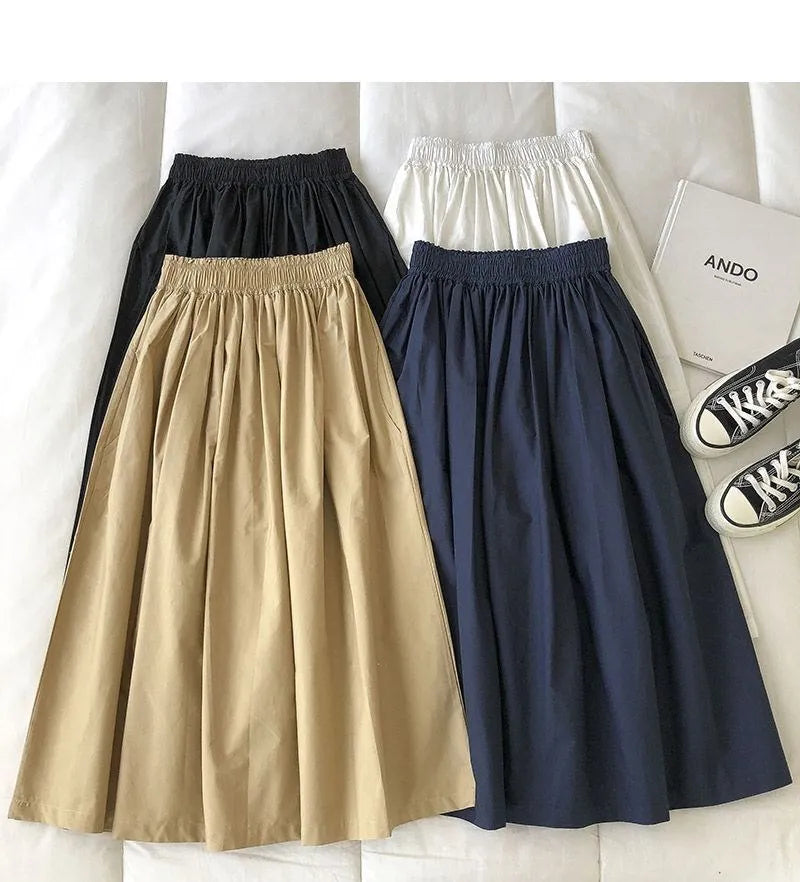 Women Black skirt midi High waist korean style Pleated a line Vintage Clothing 2025 new Summer Casual Fashion Ladies Work Wear.