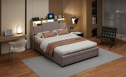 Lazyspace Leinen-Polsterbett, Doppelbettgestell mit Stauraum, Kopfteil und 2 Schubladen, 140/160 x 200 cm, Grau