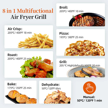Grill Hot Air Fryer 8in1 Hot Air Fryer 6L Capacity Airfryer Electric Grill with Touch Control, Max 230°C 120-Minute Timer 1700W.