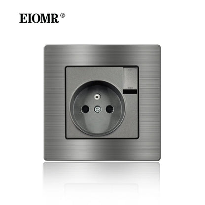 EIOMR Frankreich Standard-Steckdose, graue Aluminiumlegierung, Lichtschalter, RJ45, Fernseher, 220 V, 16 A, Wandsteckdosen für Haushaltsgeräte