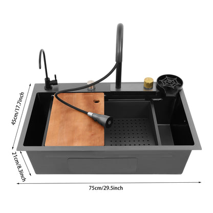 Single Bowl Kitchen Sink Waterfall Bar Sink Stainless Steel Sink with Tap Silver Rectangular