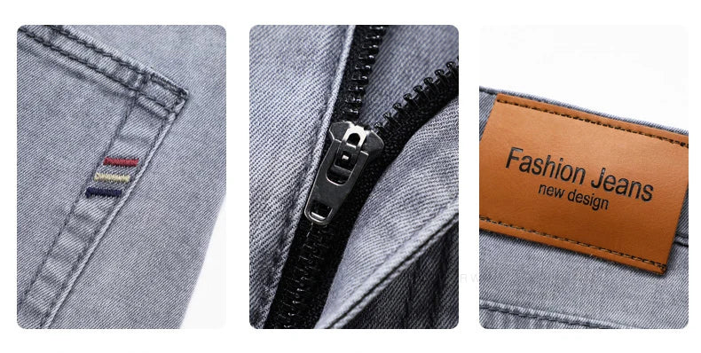 Brand Men's Fashion Summer Thin Jeans Comfortable Stretch Cotton Business Straight Casual Denim Pants Light Gray Blue Pants.