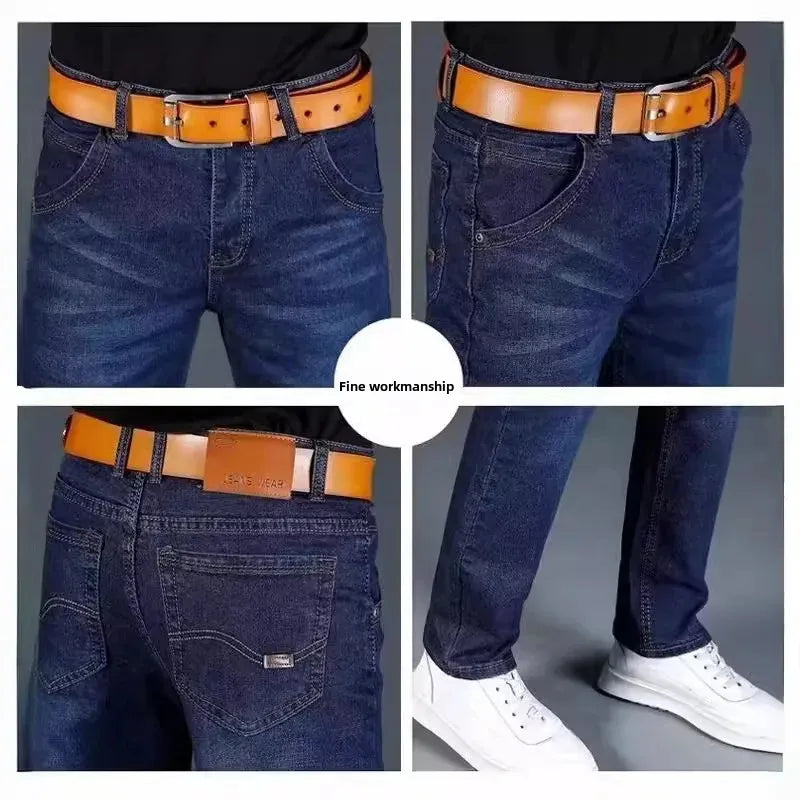 Summer Men's Stretch Jeans Straight-Leg Loose-Fit Business Casual Versatile Long Pants Lightweight Wear-Resistant.