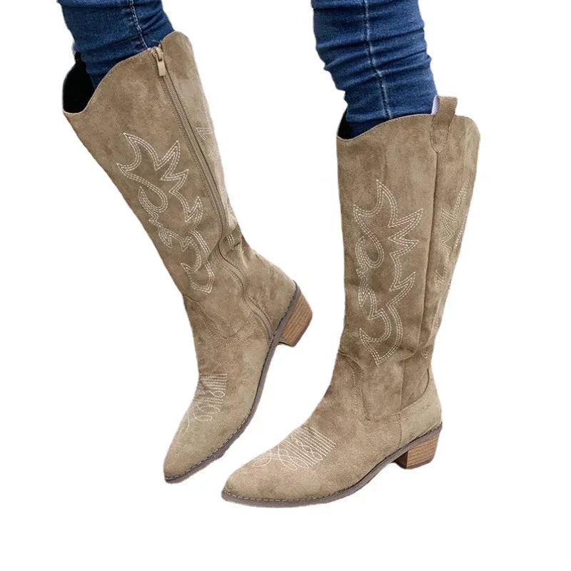 Embroidered Western Cowboy Boots for Women Autumn Pointed Toe Thick Heel High Knee Boots Woman Loose PU Leather Long Botas Mujer.