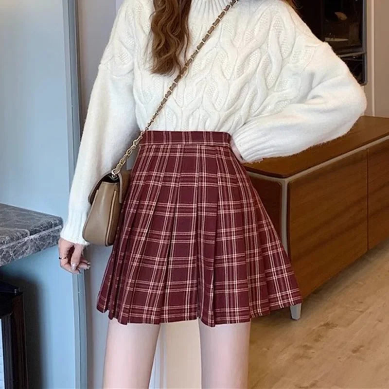 2024 Women Fashion Korean Style JK Mini Skirts Girls Red Grey Plaid Pattern Dress Female Versatile A Line Zipper Pleated Skirts.