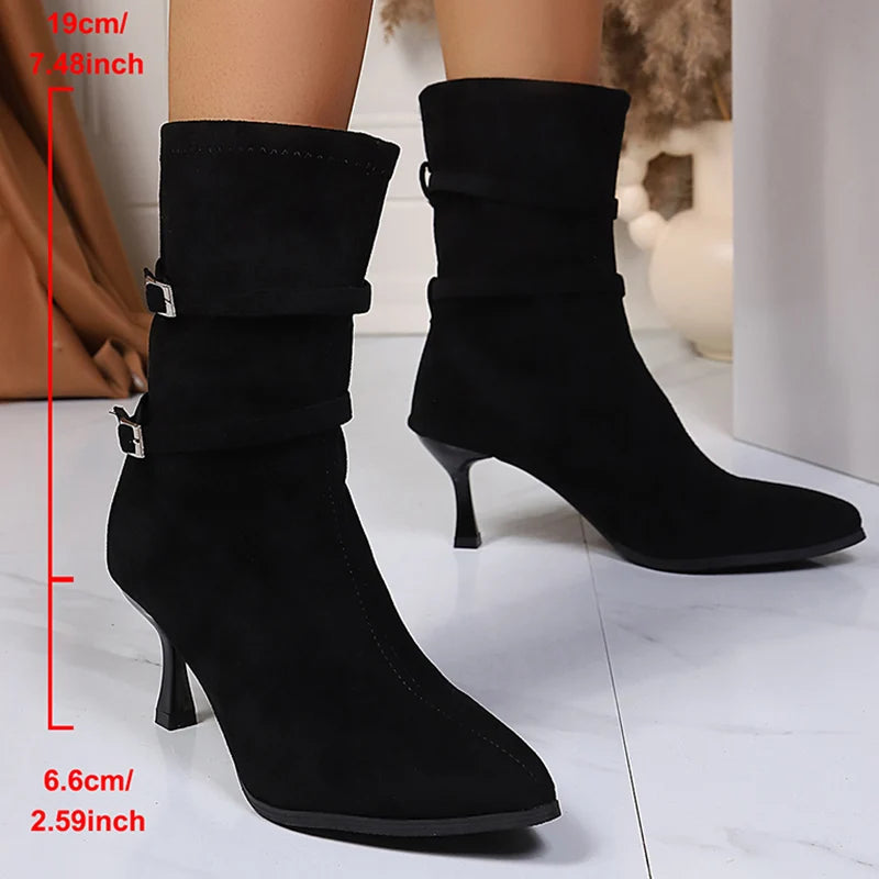 Pointed Toe High Heel Ankle Boots Women Fashion Buckle Decor Stiletto Heel Boots Woman Autumn Winter Slip On Short Booties Mujer.