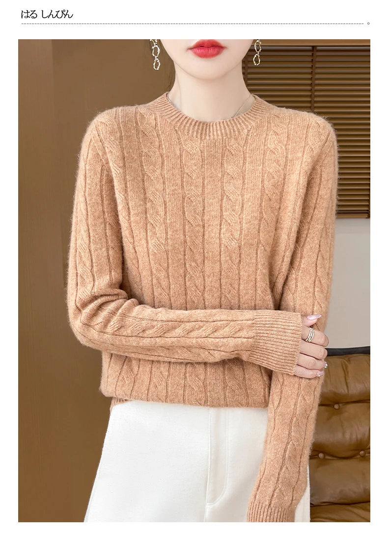 Frauen 100% Merino Wolle Verdickung Pullover Oansatz Gestrickte Twisted Pullover Herbst Winter Kaschmir Langarm Kleidung Basis Tops