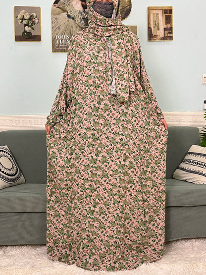 Muslim Cotton Abayas For Women Traditional Floral Ramadan Prayer Garment African Caftan Marocain Femme Robe Connected Headscarf.