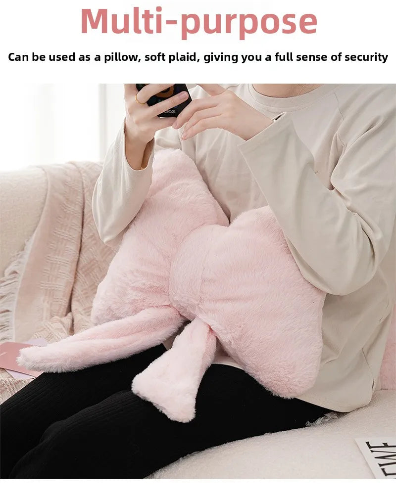 Pink bow ribbon couch pillow imitation rabbit fur comfortable car seat cushion ins style simple all-match back cushion.